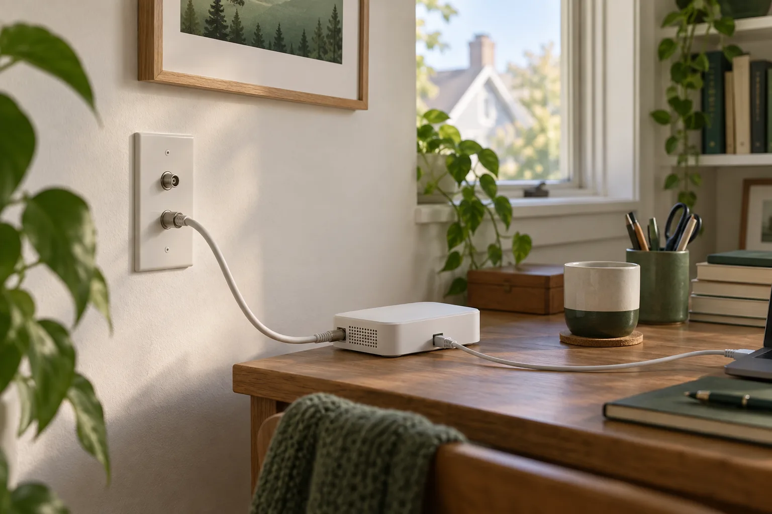Illustration of a coax cable running from a wall outlet to a network device on a home office desk.