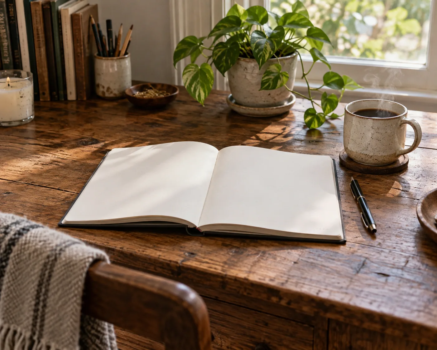 Blank notebook on a wooden desk beside a coffee cup and plant